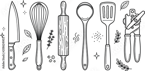 Tableau sur toile Kitchen utensils icons set with chef knife whisk rolling pin ladle spatula and c
