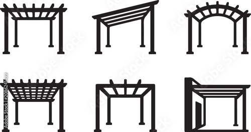 Canvastavla Six different traditional wooden pergola and arbor designs in black and white Ve