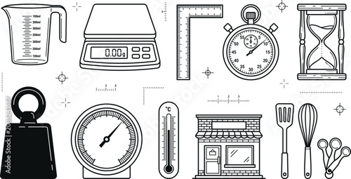 Foto Kitchen measuring tools icons set with digital scale beaker stopwatch hourglass
