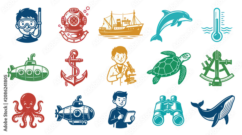 Fototapeta premium Marine Science Vector Icons: Scuba Diver, Ship, Dolphin, Turtle, Whale, Binoculars