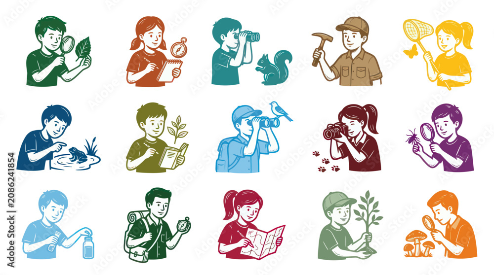 Obraz premium Children Exploring Nature with Magnifying Glass, Binoculars, and Butterfly Net