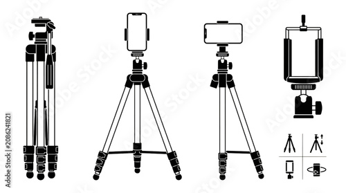 Fotografía Black and white flat vector tripod stand with smartphone holder for photography