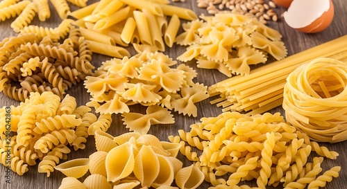 Variety of uncooked pasta on wooden surface