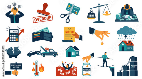 Flat Icons Set: Financial Stress, Debt, Debtors, Overdue Bills, Eviction