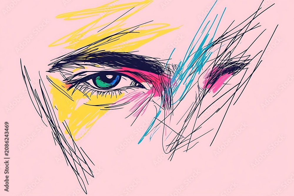 Fototapeta premium Abstract portrait with vibrant eyes and colorful artistic strokes on a pastel background