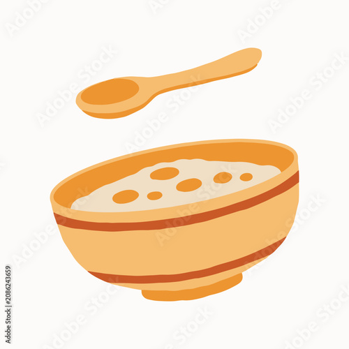 Cute bowl of oatmeal porridge with wooden spoon vector illustration, hand drawn hot cereal bowl isolated for baby menu and recipe design