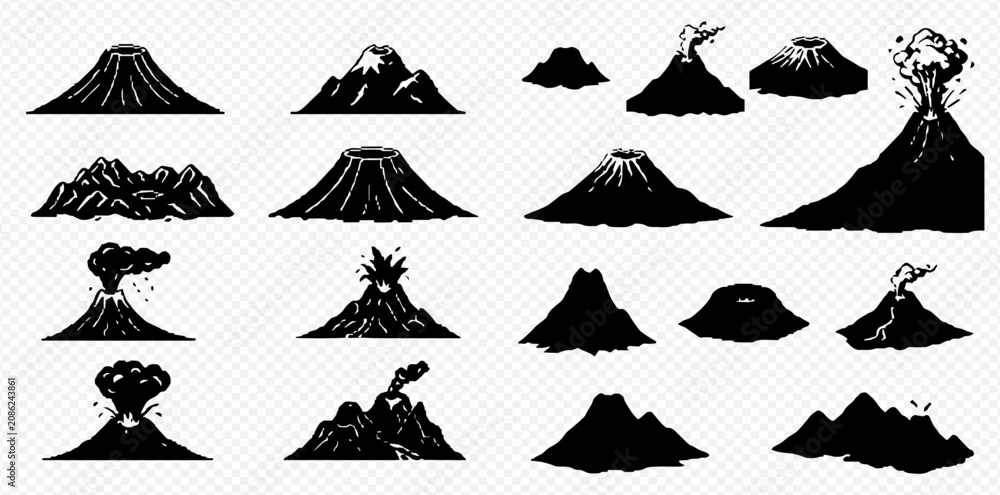 Fototapeta premium Set of various volcano silhouettes, including active eruptions, dormant mountains, and craters, isolated on a transparent background.