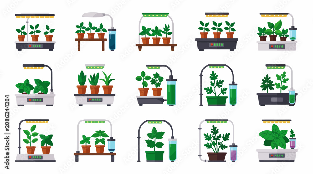 Fototapeta premium Various plants grow in different indoor hydroponic systems on tables.