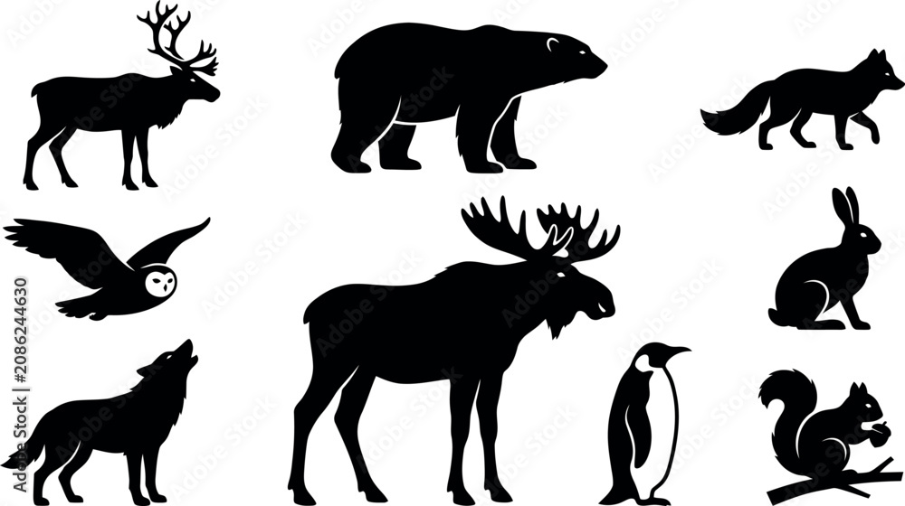 Fototapeta premium Vector illustration depicting winter animals in a snowy forest setting with trees and wildlife.