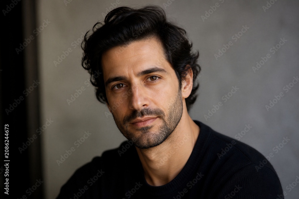 Fototapeta premium Dark curls frame a man's thoughtful gaze. Stubble-lined face shows quiet intensity. He wears a simple black top, standing against a muted wall. Soft lighting highlights his features, creating depth