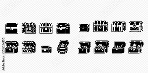 Konstfotografi Pixel art treasure chests with gold coins, closed and open, in various sizes and styles, isolated on a transparent background