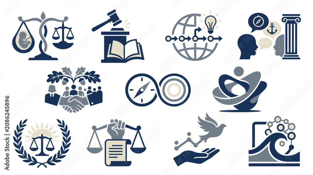 Fototapeta premium Collection of icons representing justice, law, human rights, and social concepts.