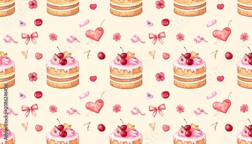 Watercolor cakes cherries hearts bows flowers repeating background