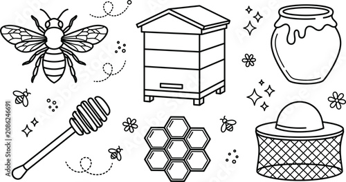 Schilderij op canvas Honey bee beekeeping hive honeycomb jar dipper and protective veil hat line art