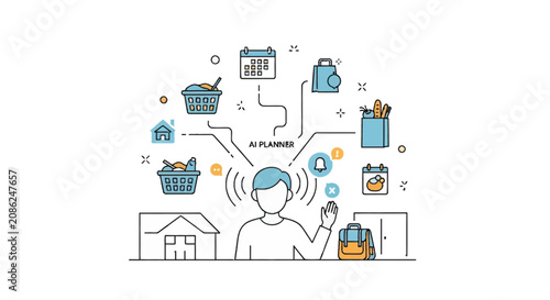 Minimalist vector illustration of a parent using an AI planner to manage family schedules, including laundry, grocery shopping, calendar events, school activities, and home maintenance tasks.