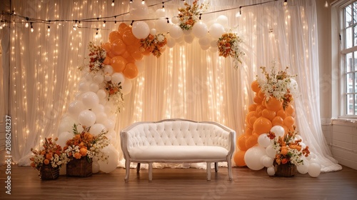 Orange and White Balloon Arch with Sofa Party Setup, fall-themed balloon garland backdrop