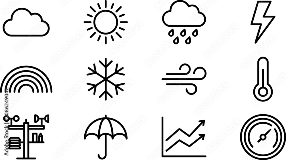 Naklejka premium Set of simple weather icons in thin line style.