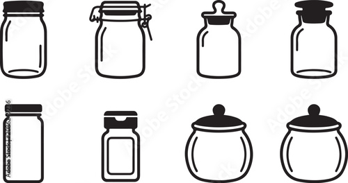 Foto Eight different types of glass storage jars with lids Vector