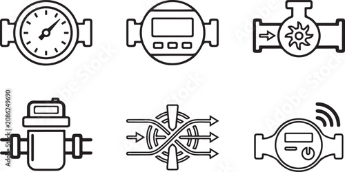 Set of six water utility system icons with pipes Vector