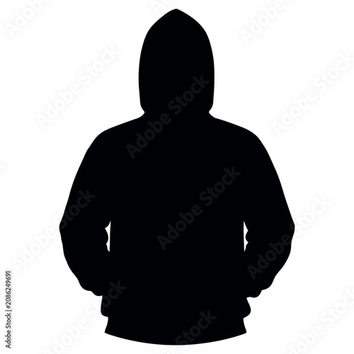 Black silhouette of a person wearing a hooded sweatshirt presented in this high contrast digital photograph that captures the simple shape and form of an anonymous individual standing very still