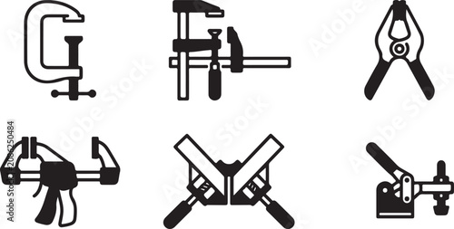 Bilde på lerret Six types of hand clamps and vise tools set illustration Vector