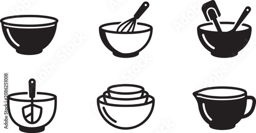 Bild auf Leinwand Six kitchen mixing bowls with utensils flat illustration Vector