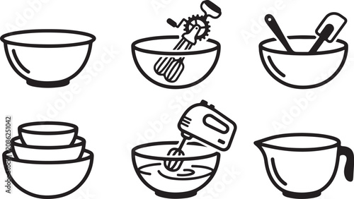 Schilderij op canvas Six ways to mix ingredients in bowls with utensils and appliances Vector