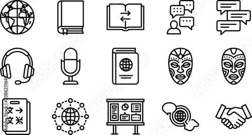 Quadro su tela Set of thin line icons for language learning and translation services