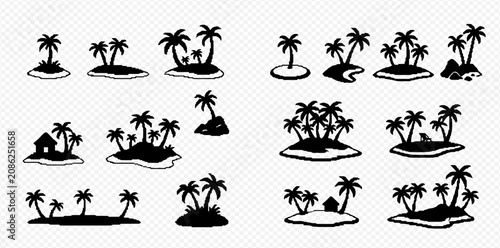 Obraz na plátne Set of tropical island silhouettes with palm trees and a hut, isolated on a transparent background, perfect for travel and vacation designs