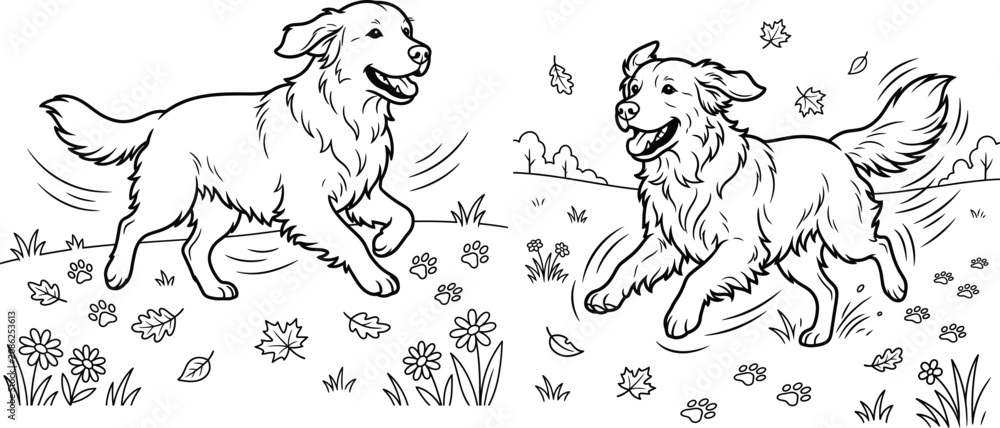 Obraz premium Golden Retriever Dog Coloring Pages Bundle | Printable Running Puppy Line Art for Kids