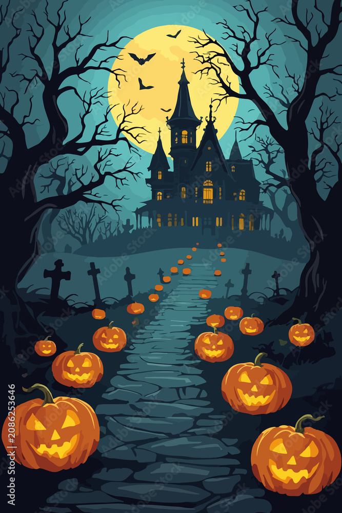 Fototapeta premium Halloween Pumpkin and Haunted House Social Media Poster Design