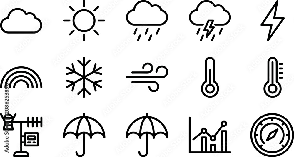 Naklejka premium Set of simple outline weather forecast icons.