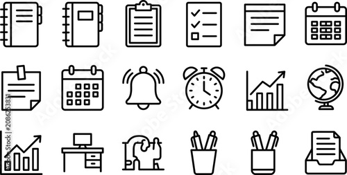 Set of office and business productivity outline icons.