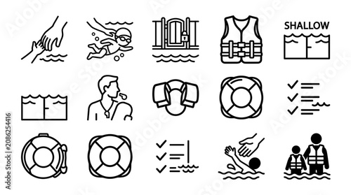 Fotografie Lifeguard Equipment and Water Rescue Gear Outline Icon Vector Set