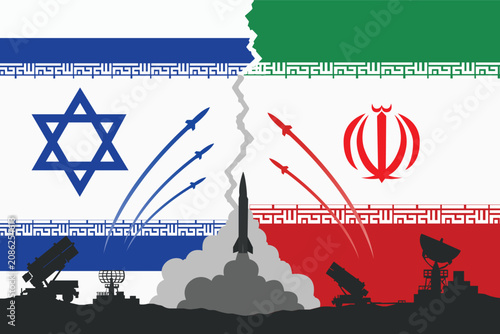 Fotografie Conflict Illustration: Flags of Israel and Iran are torn, symbolizing a deep rift, with missile launchers and radar systems pointed towards each other