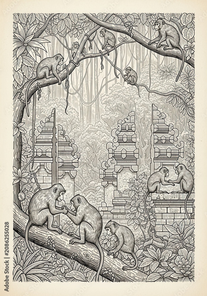 Obraz premium Detailed Black and White Illustration of Monkeys in a Tropical Jungle with Ancient Temple Ruins