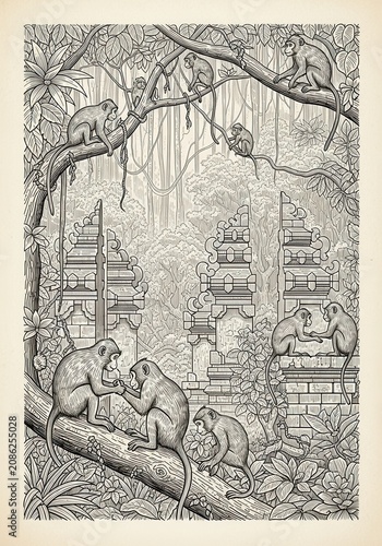 Detailed Black and White Illustration of Monkeys in a Tropical Jungle with Ancient Temple Ruins