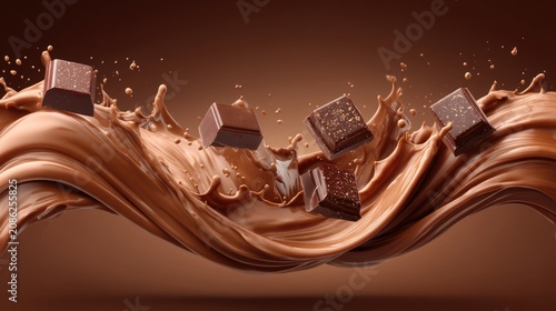 Chocolate cubes falling into chocolate liquid splash