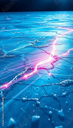 Colorful streaks of light dance across icy surface, pucks, flying