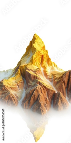 Golden treasure mountain forming on a pure white background, shiny, valuable