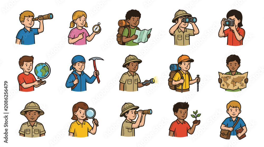 Fototapeta premium Cartoon Vector Illustration of Young Explorers Kids Engaging in Science, Education, and Adventure Activities
