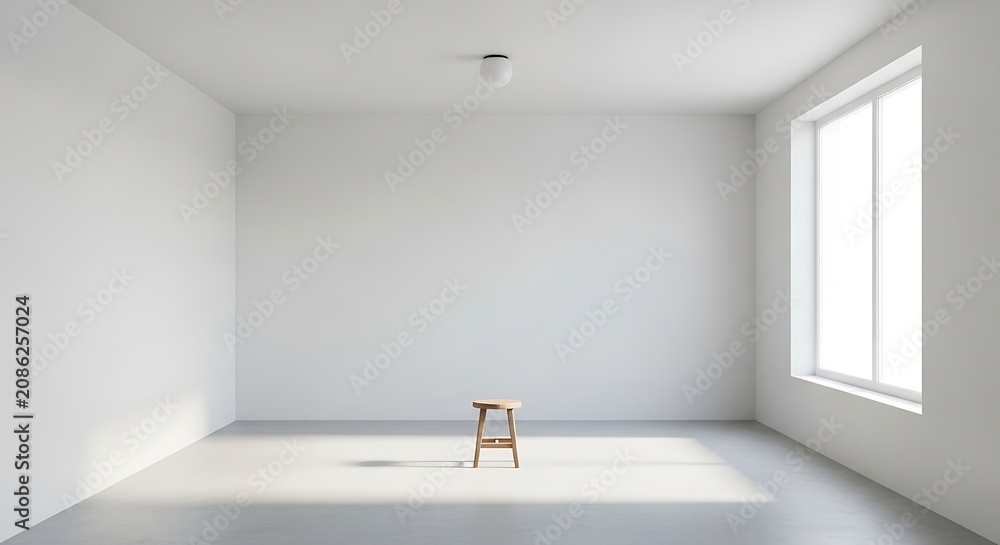 Fototapeta premium Minimalist room with wooden stool and natural light
