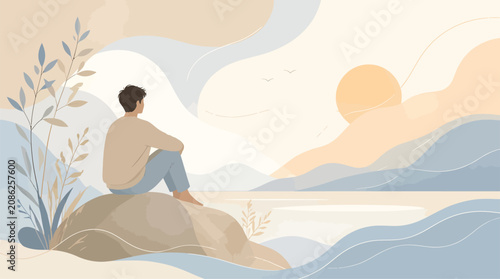 Foto Young Man Sitting on Rock Gazing at Serene Landscape at Sunrise, Peaceful Nature
