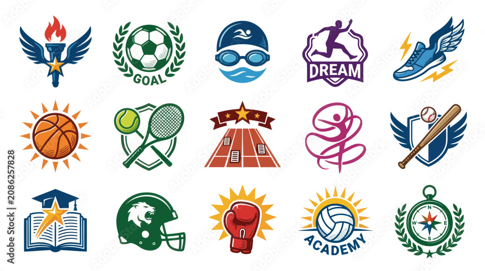 Fototapeta premium Sports Icons - Diverse Athletic Emblems Symbols in Flat Vector Art