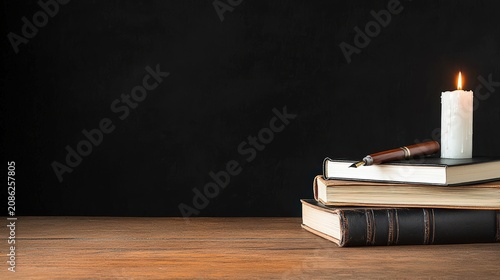 Dark academia style desk with vintage books fountain pen and lit candle