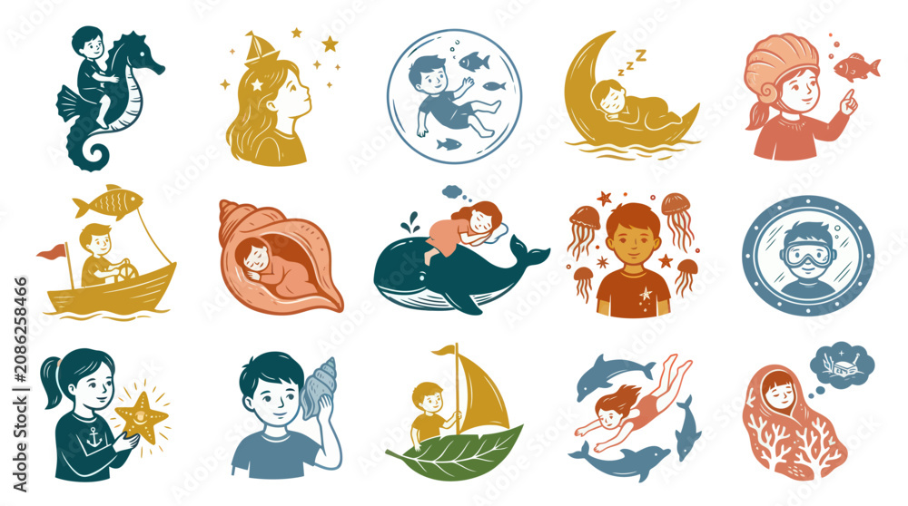 Fototapeta premium Children's Ocean Dreams Marine Adventure Stylized Vector Illustration Set