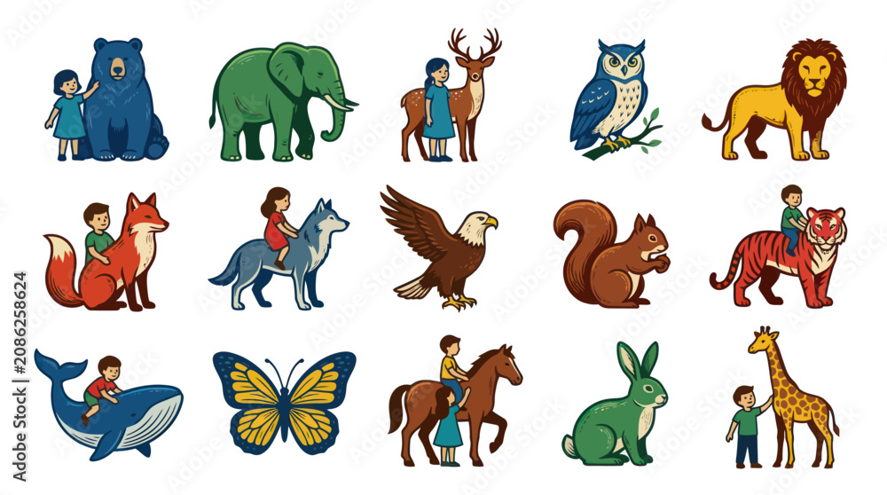 Obraz premium Children Riding Animals, Vector Collection, Flat Illustration Style