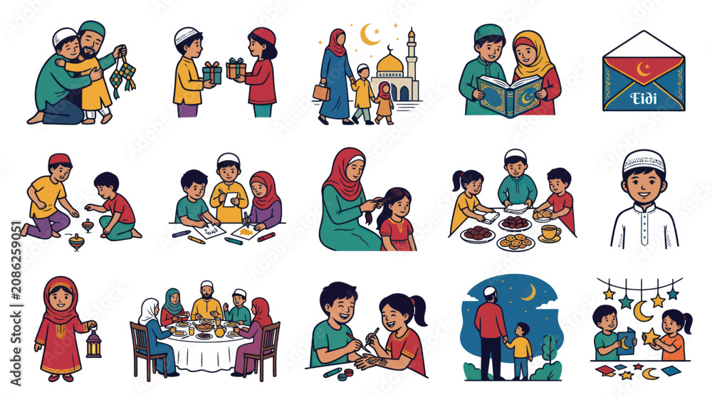 Fototapeta premium Flat Vector Illustration of Muslim Families Celebrating Eid Mubarak, Happy Islamic Holiday Festival Scenes