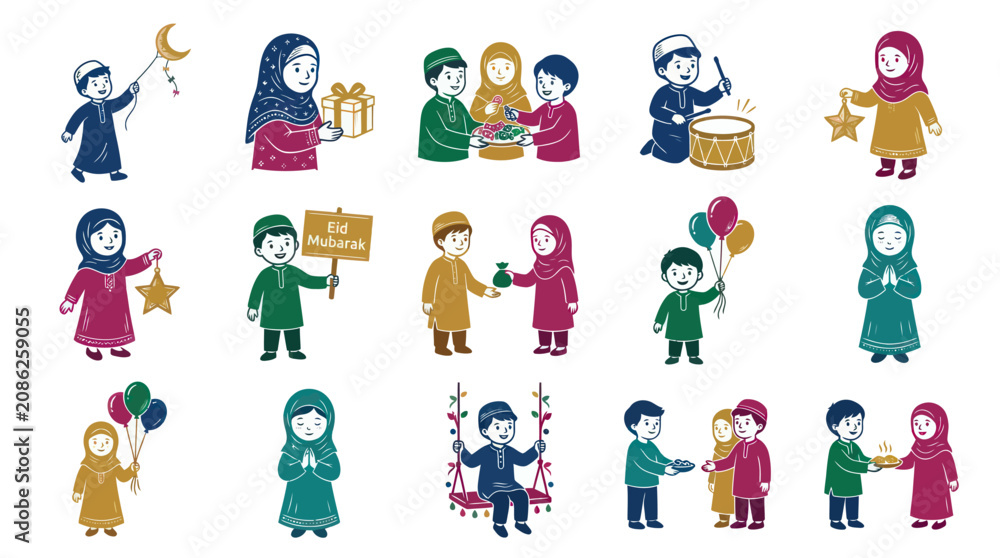 Fototapeta premium Eid Mubarak Muslim children celebrating with gifts, balloons, drum, and swings