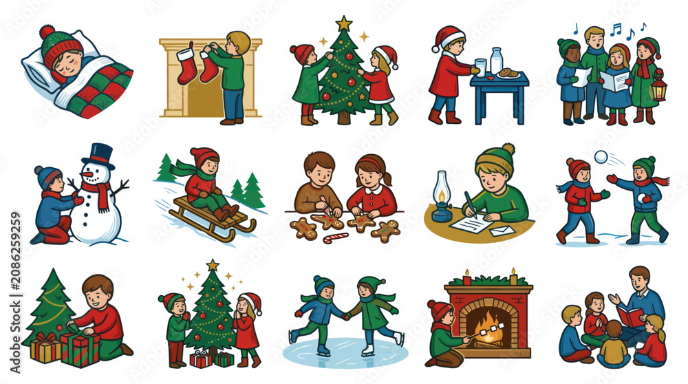 Fototapeta premium Christmas and Winter Holidays Hand-Drawn Cartoon Illustration Set with Children Enjoying Seasonal Activities